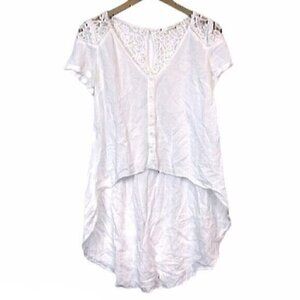 MILLAU LF White Crochet Lace High Low Hi-Lo Sheer Rayon Cotton Button Top Blouse